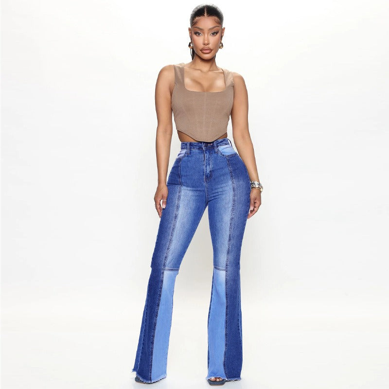 High Waist Boot Cut Color Stitching Denim Flared Jeans