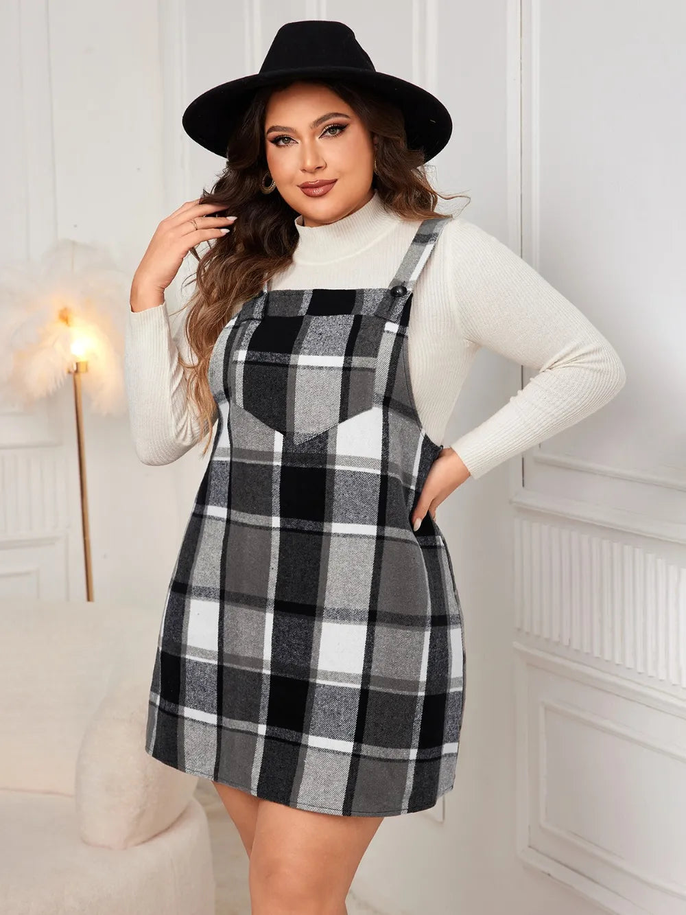 Plaid Wide Strap Overall Dress - Plus Size