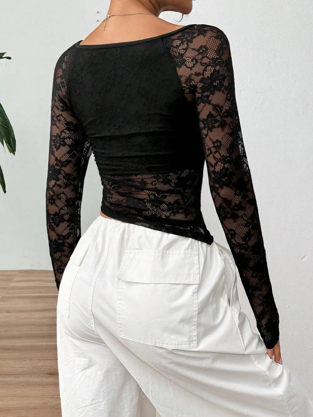 Lace U-Neck Asymmetrical Hem Shirt