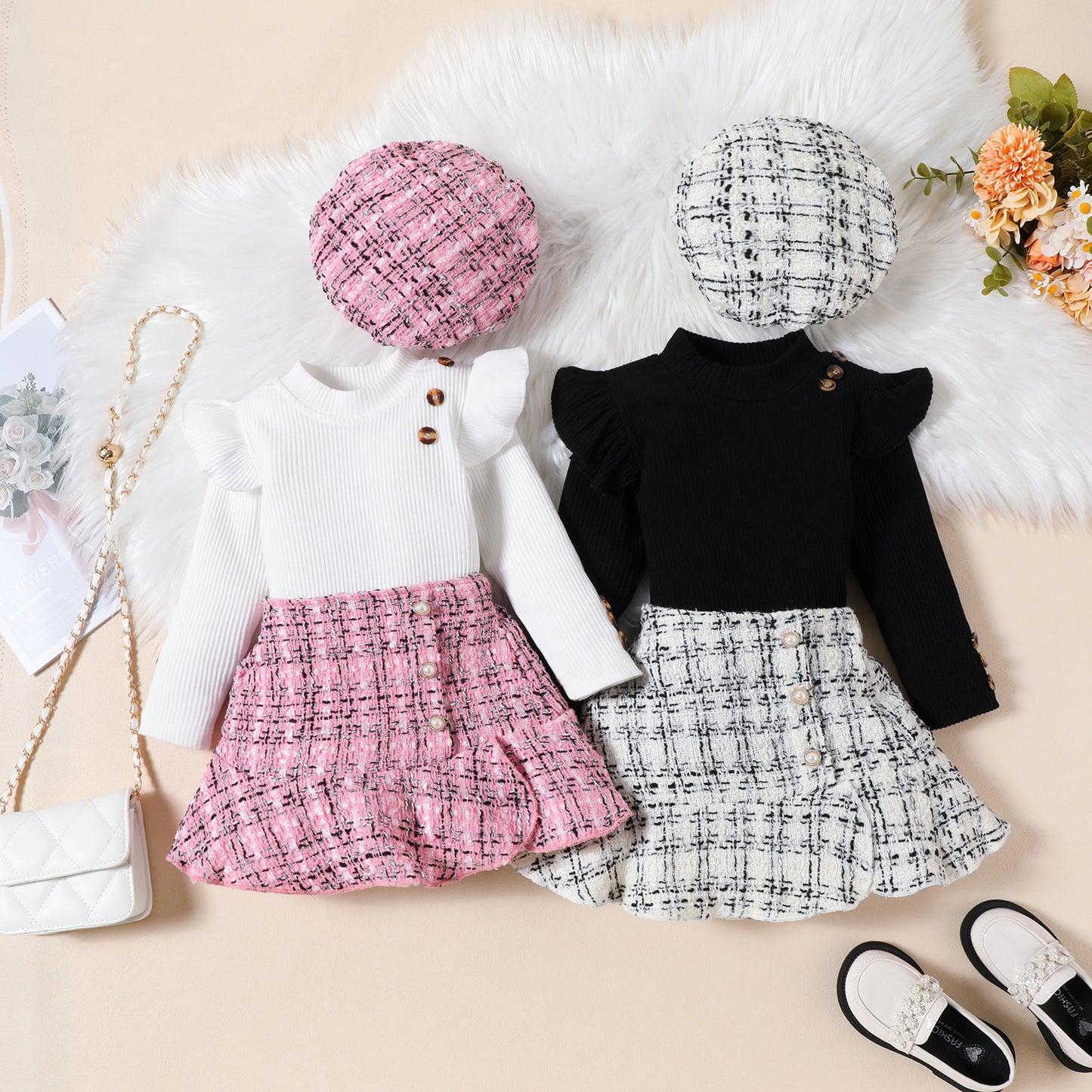 Sunken Stripe Flying Sleeve Top with Plaid Fishtail Skirt + Hat Set