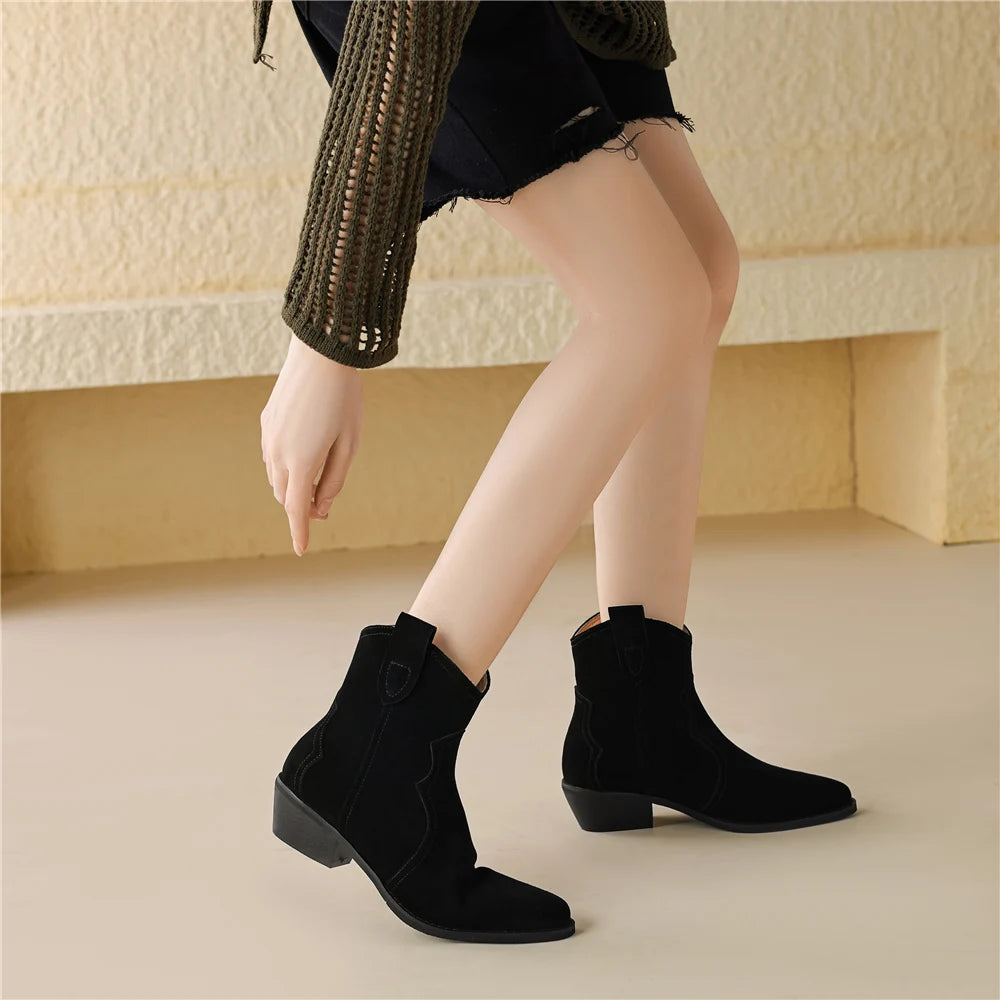 Suede Thick Heel Ankle Cowboy Boots