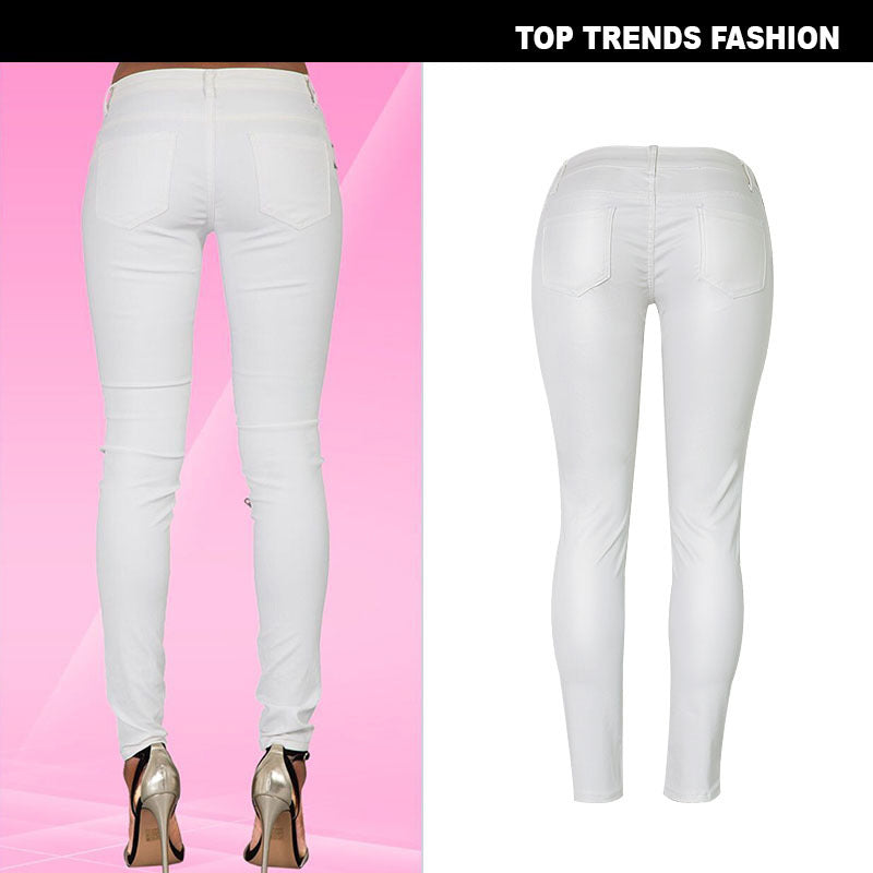 Faux Leather Demin Zipper Tight Fit Jeans