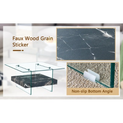 Two Tier Square Coffee Table - Clear Glass And Black Marble Pattern