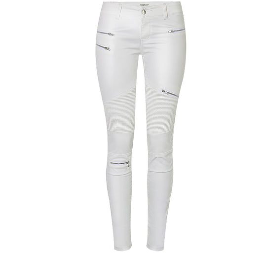 Faux Leather Demin Zipper Tight Fit Jeans