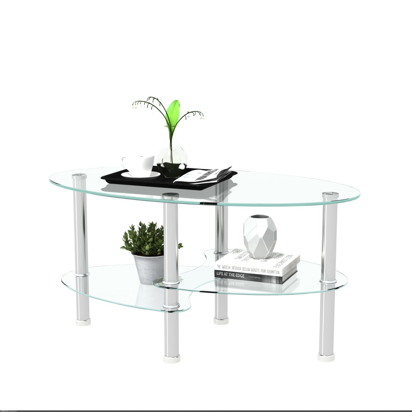 3-Layer Transparent Oval Glass Coffee Table with Stainless Steel Leg