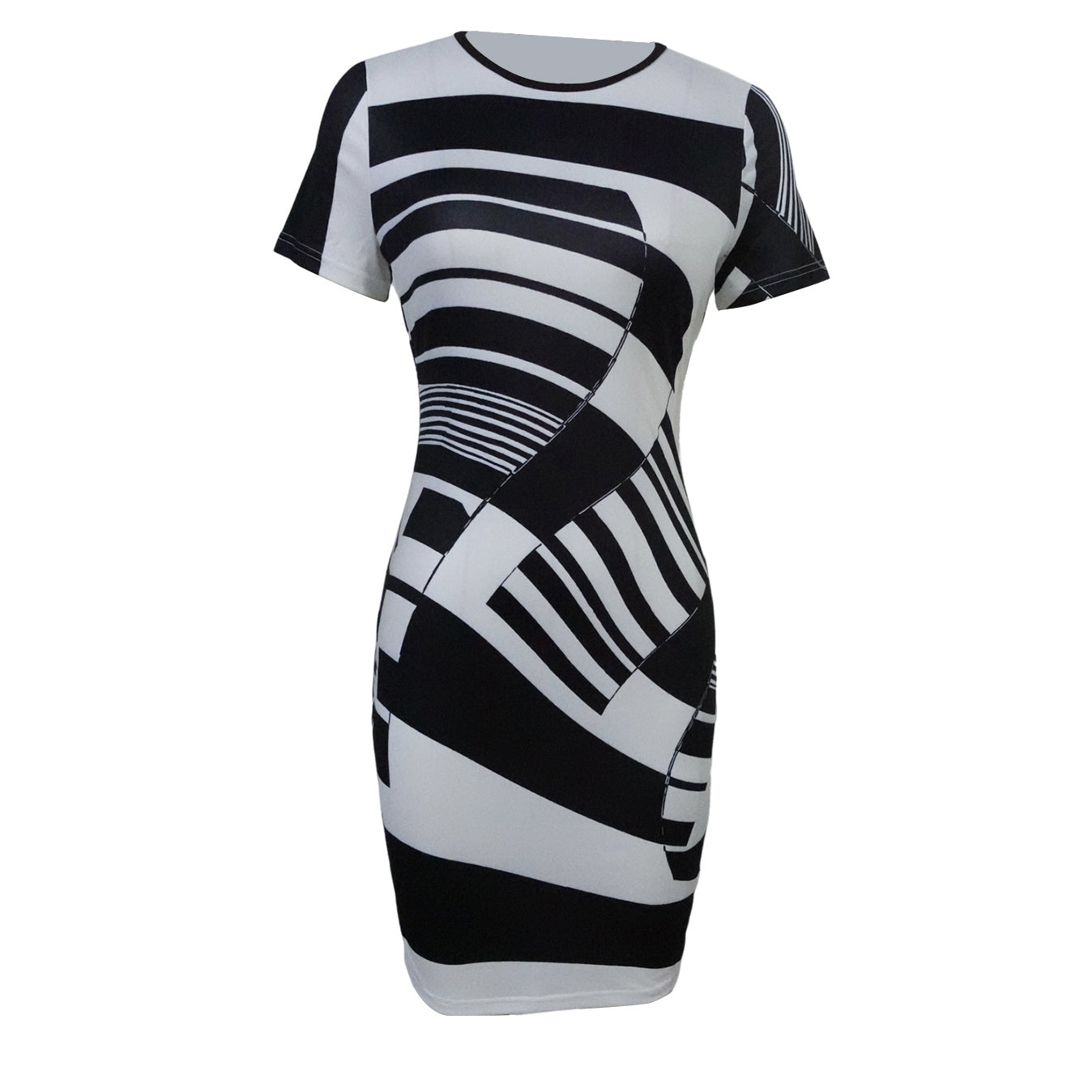 Round Neck Printed Waist Cinching Hip Hugging Dress