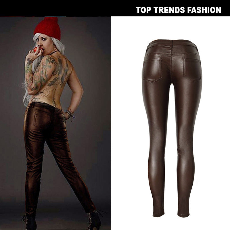 Faux Leather Stitching Multi-Zip Pants - Coffee