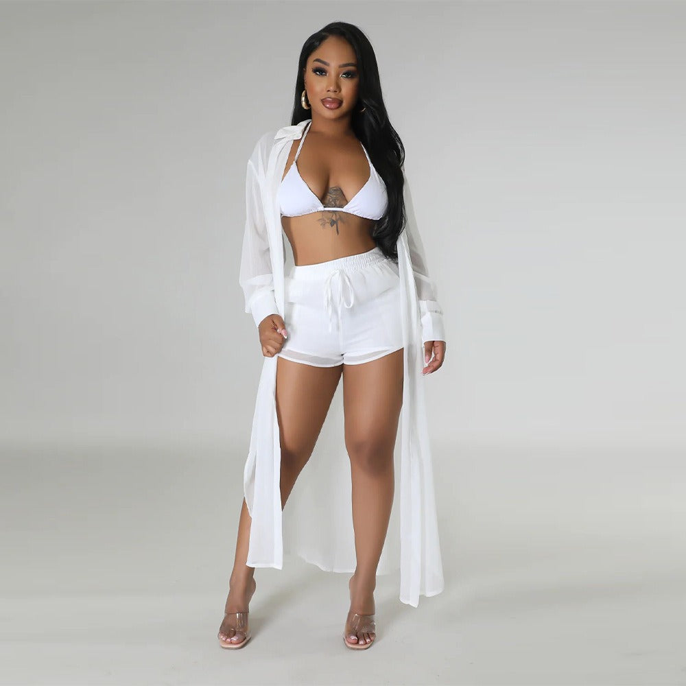 Chiffon Long Shirt Shorts Two Piece Set