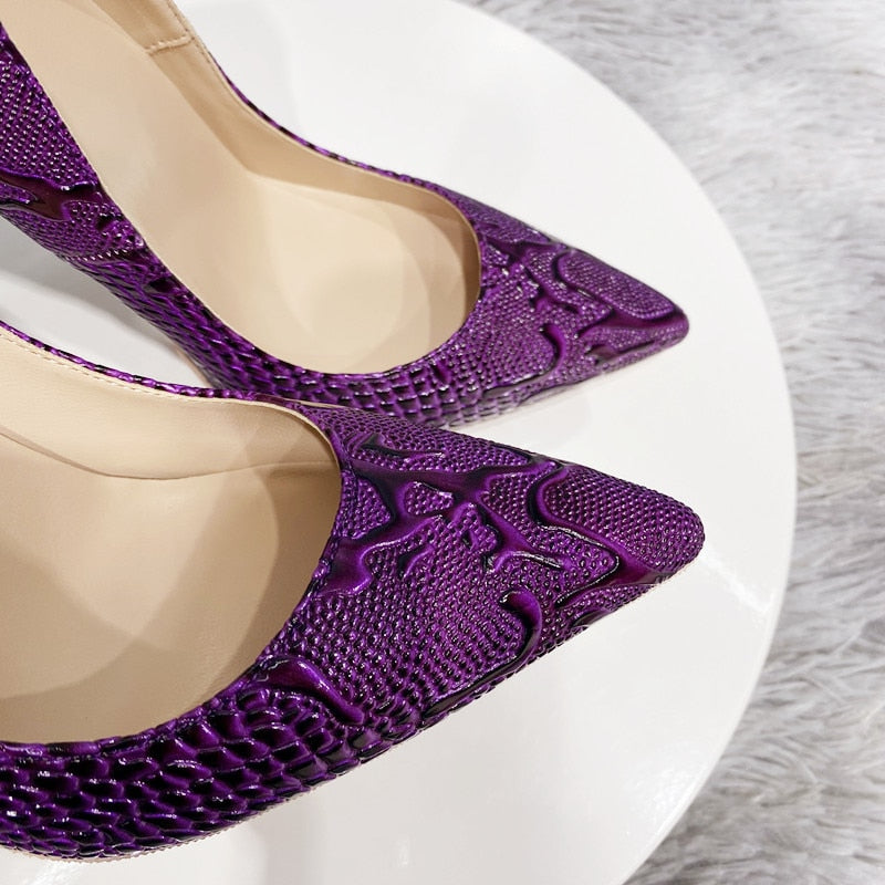 Tikicup Purple Embossed Crocodile Pointy Toe High Heels