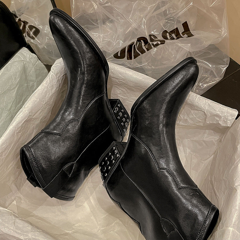Sharp Toe Cowhide Thick Heel Rivet Cowboy Boots