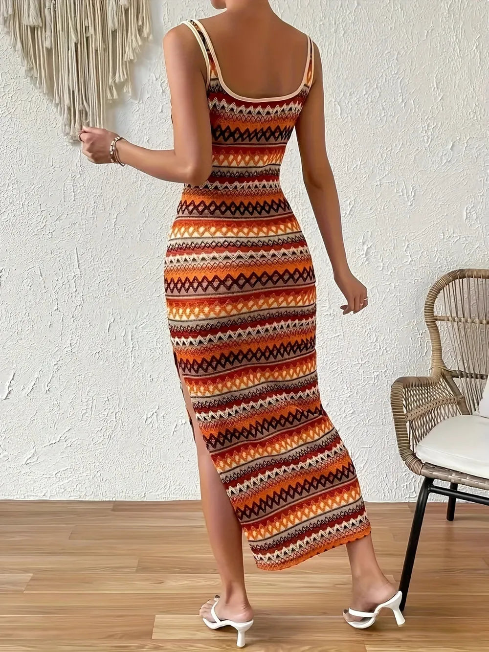 Slit Square Neck Wide Strap Midi Dress
