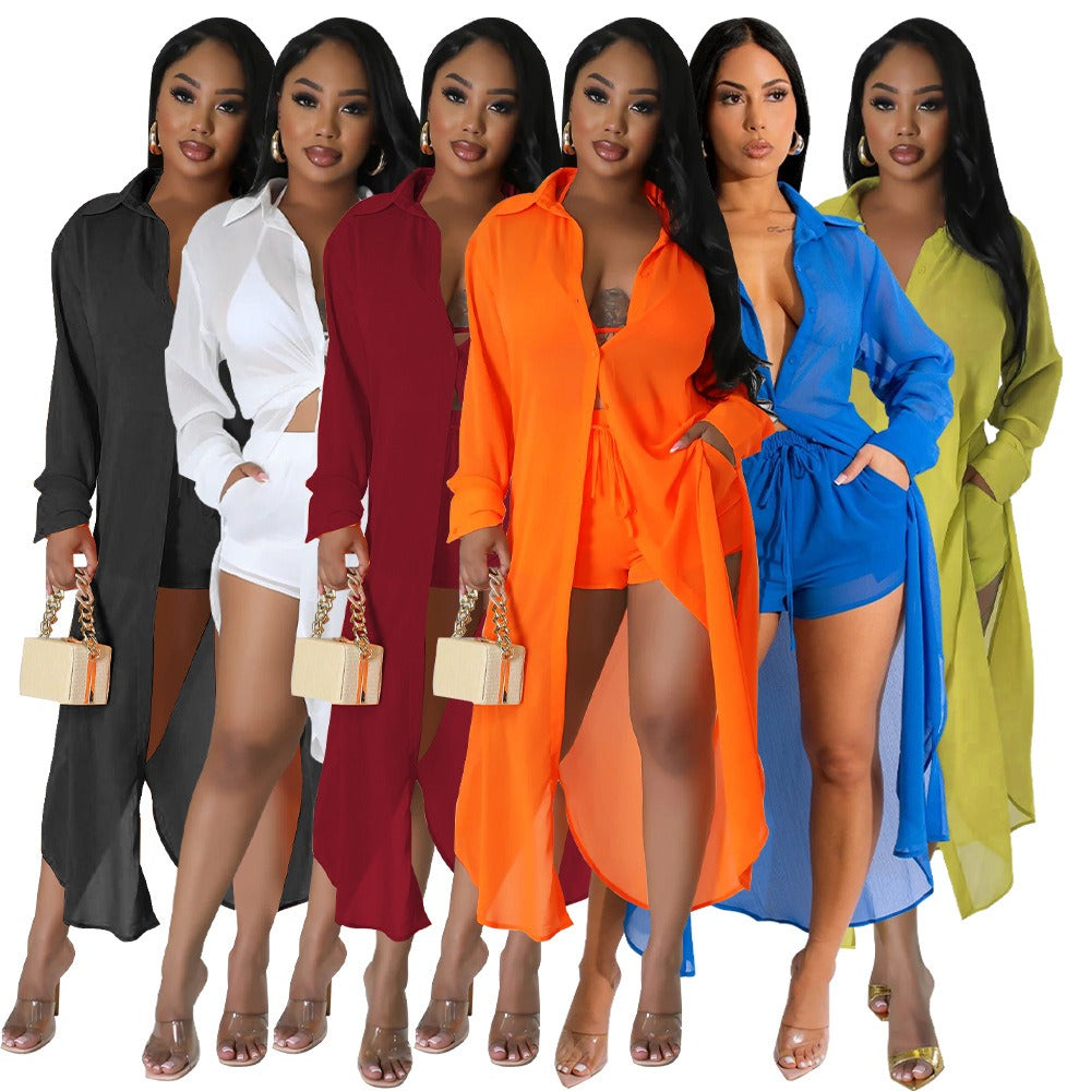 Chiffon Long Shirt Shorts Two Piece Set