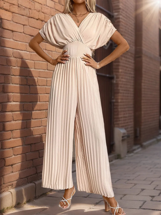 Cross V-neck Pleated Wide Leg Jumpsuit
