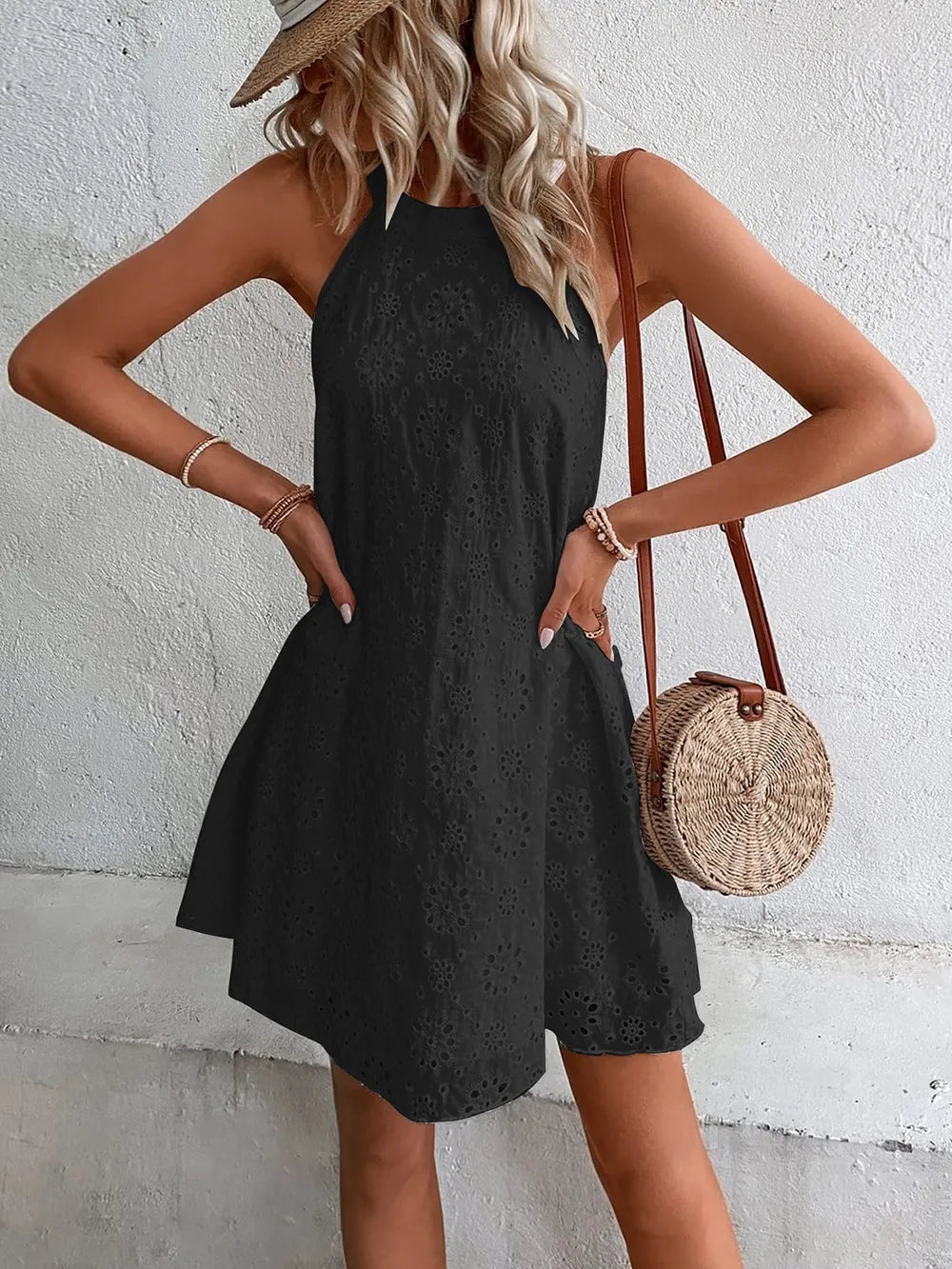 Eyelet Grecian Neck Halter Dress