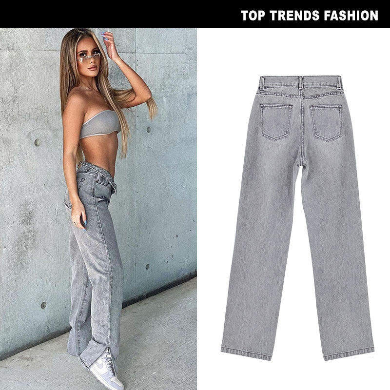 Distressed High Waist Straight Leg Jeans