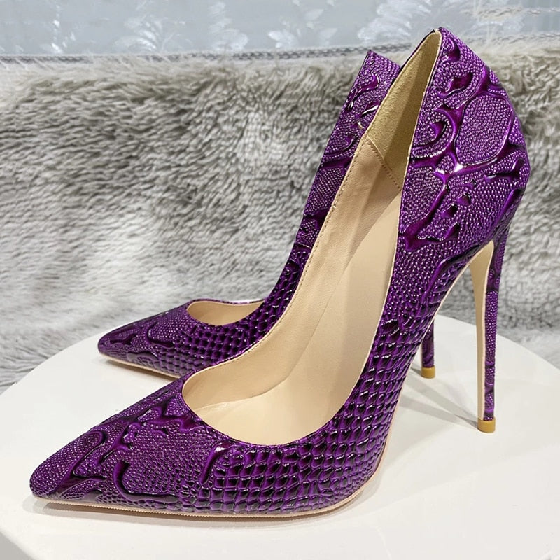 Tikicup Purple Embossed Crocodile Pointy Toe High Heels