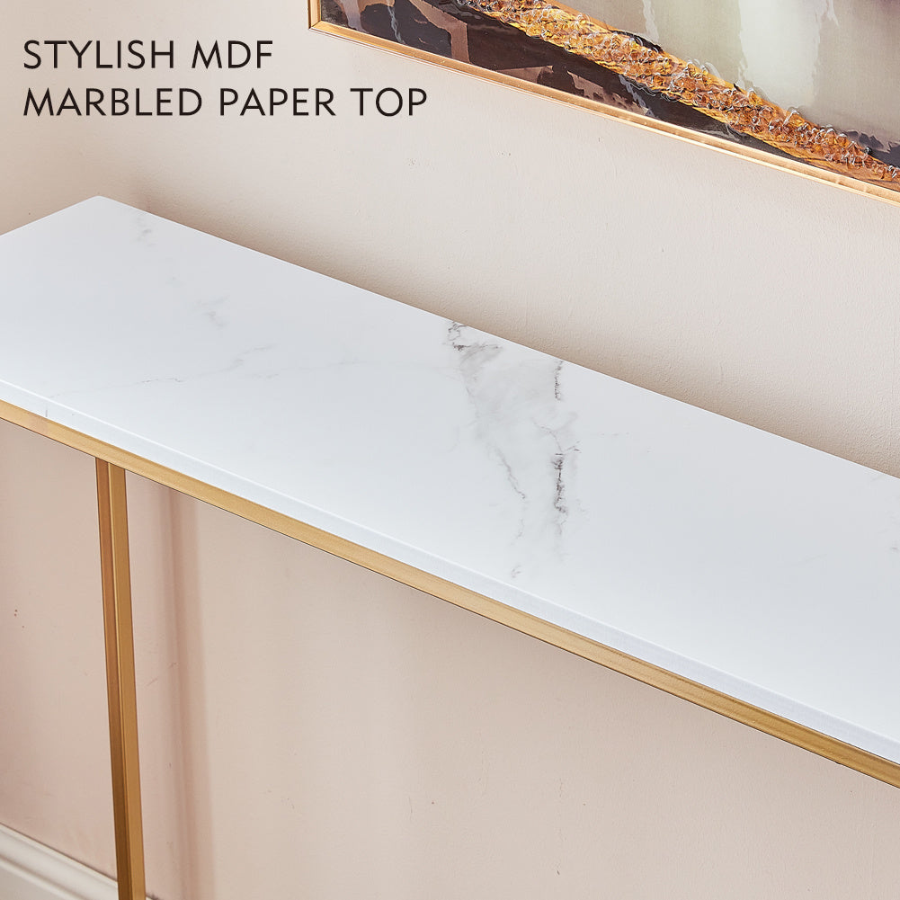 White Rectangular Marble Accent Table with Gold Legs