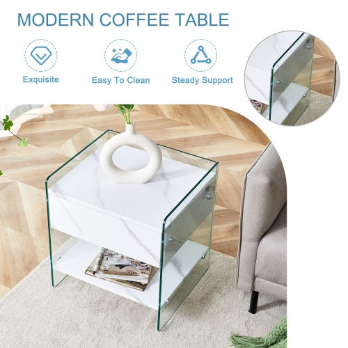 Bedside Table With Drawers. Marble Print MDF Sticker with Transparent Tempered Glass