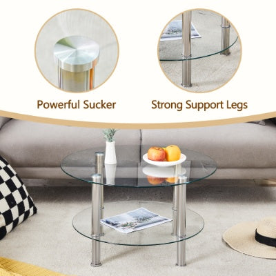 Double Layer Tempered Glass Coffee Table 27.5 Top And 23.6 Bottom with Stainless Steel Silver Plated Legs