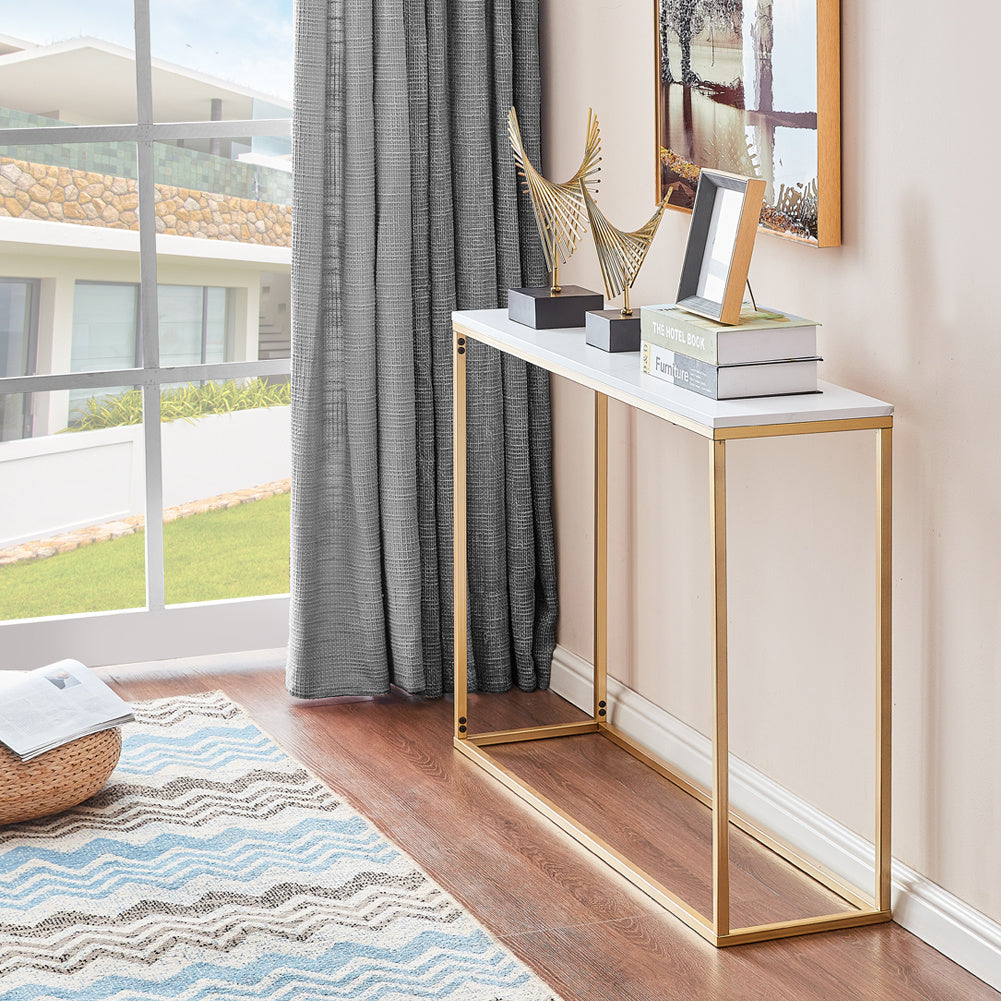 White Rectangular Marble Accent Table with Gold Legs