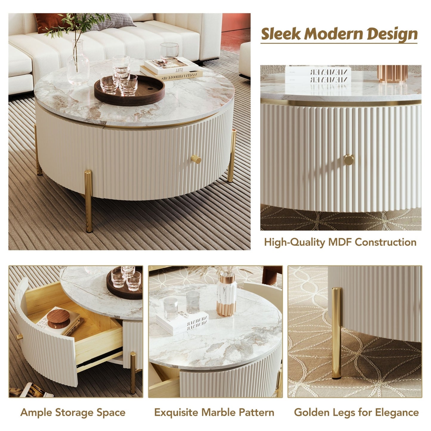 Round Coffee Table with 2 Large Storage Drawers