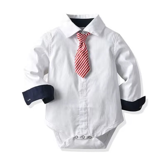 Baby Boys Tie Romper Clothes Cotton Shirt Toddler Formal Jumpsuit Birthday One-Piece Long Sleeve Children Party Clothes
