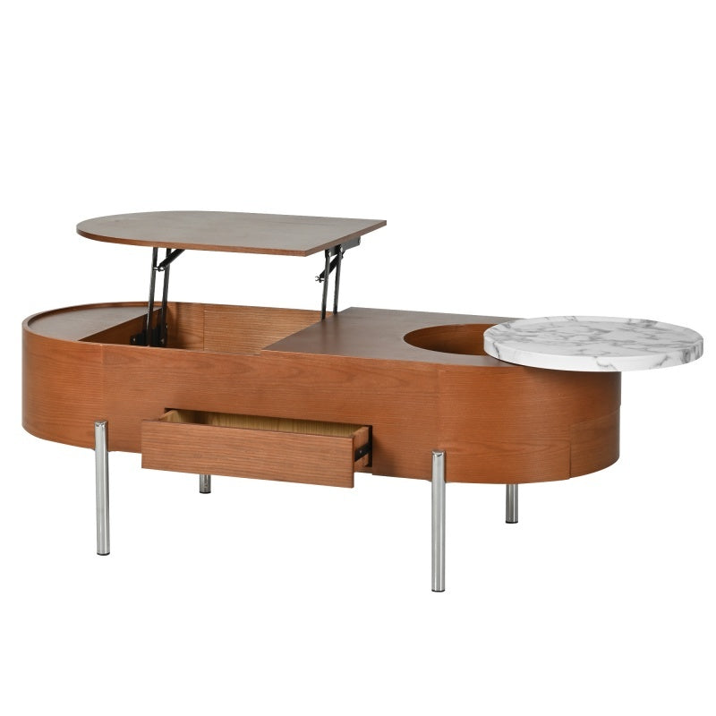 47.2-inch Lift Coffee Table With 360 Degree Marble Patterned Rotating Tray with Modern Oval Lift Tabletop
