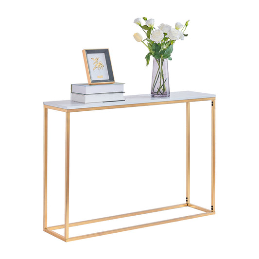 White Rectangular Marble Accent Table with Gold Legs