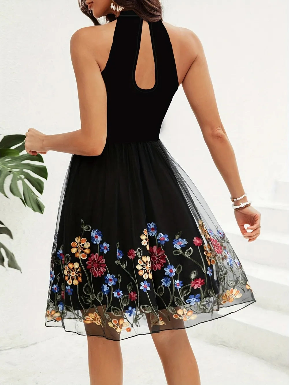 Open Shoulder Floral Mesh Dress
