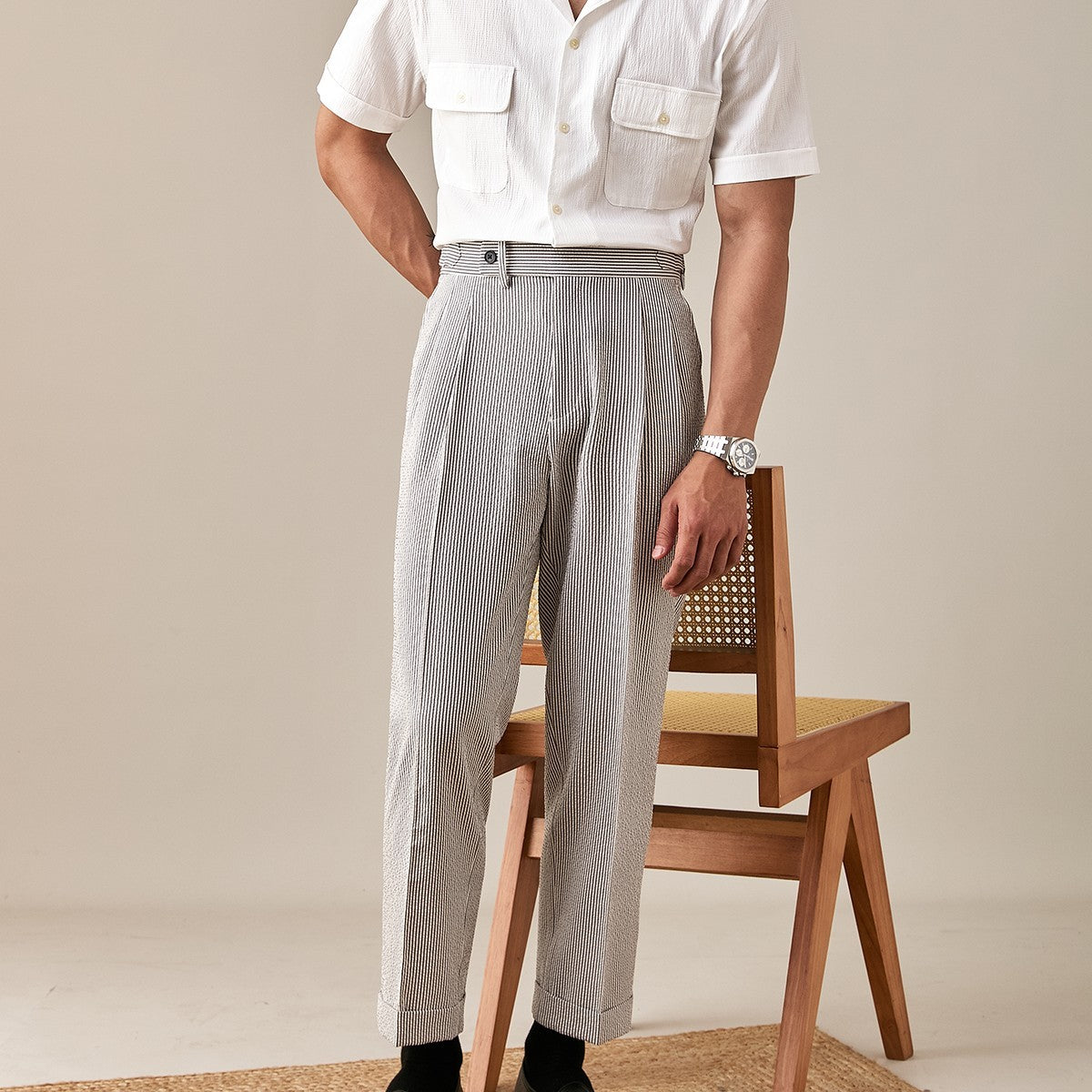 Lightweight And Breathable Striped Seersucker Casual Trousers