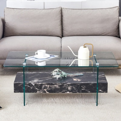 Two-Tier Coffee Table - Clear Tempered Glass And Black Marble Texture