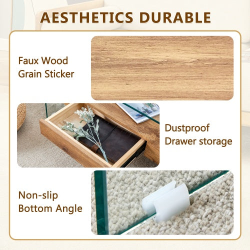 Clear Tempered Glass And Natural Wood Grain Coffee Table with Drawer