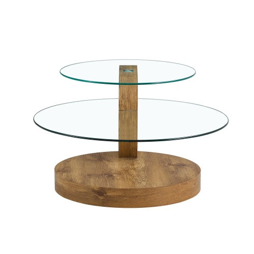 Double-layer Round Glass Coffee Table with Wood MDF Table Legs