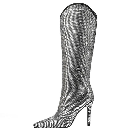 Pointed Toe Sequins High Heel Long Boots