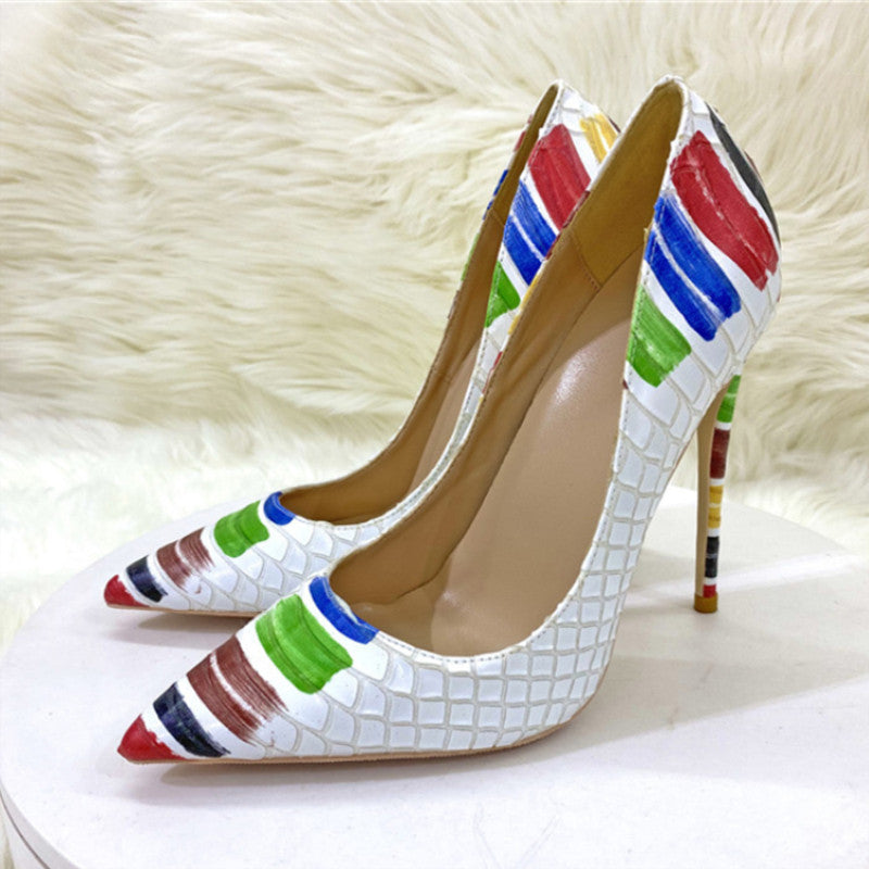 White Snakeskin Graffiti Pointed Toe Stiletto High Heels