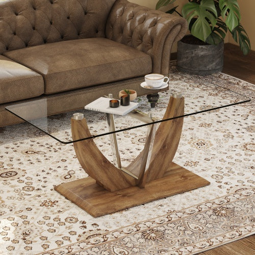 Modern Minimalist Transparent Tempered Glass Coffee Table With Marble Patterned MDF Legs And Stainless Steel Decorative Columns