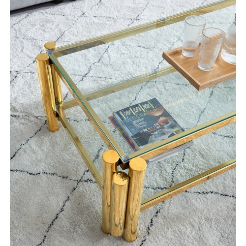 Stainless Steel Coffee Table with Double-Layer Clear Tempered Glass