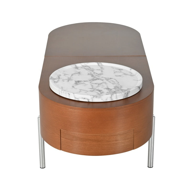 47.2-inch Lift Coffee Table With 360 Degree Marble Patterned Rotating Tray with Modern Oval Lift Tabletop
