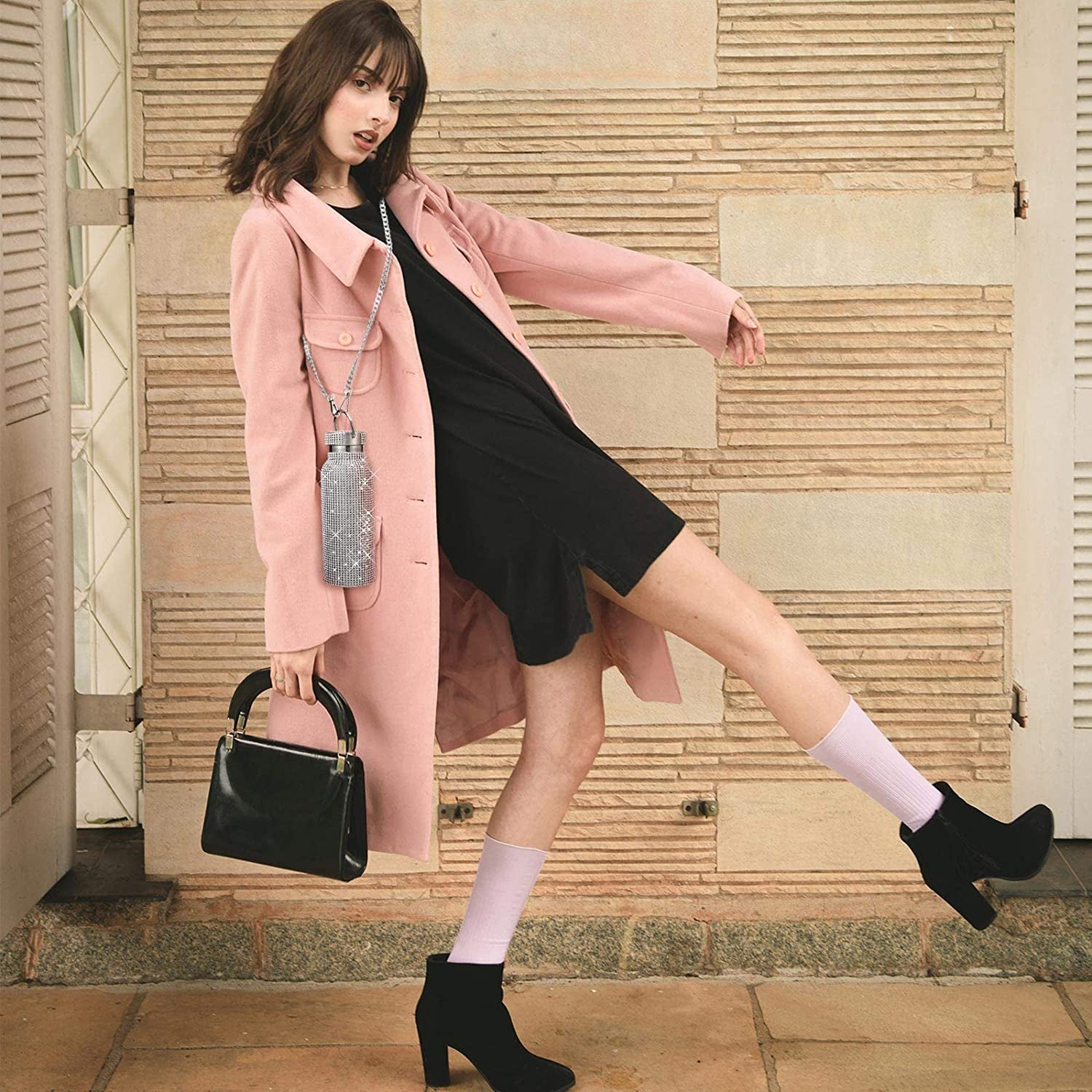 Diamond Water Bottle Bling Rhinestone Stainless Steel Thermal Bottle Refillable Insulated Glitter Water Jug with Chain for Women Girls Gifts(500 Ml,Silver)