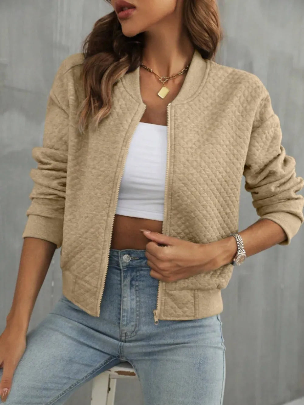 Zip Up Long Sleeve Bomber Jacket