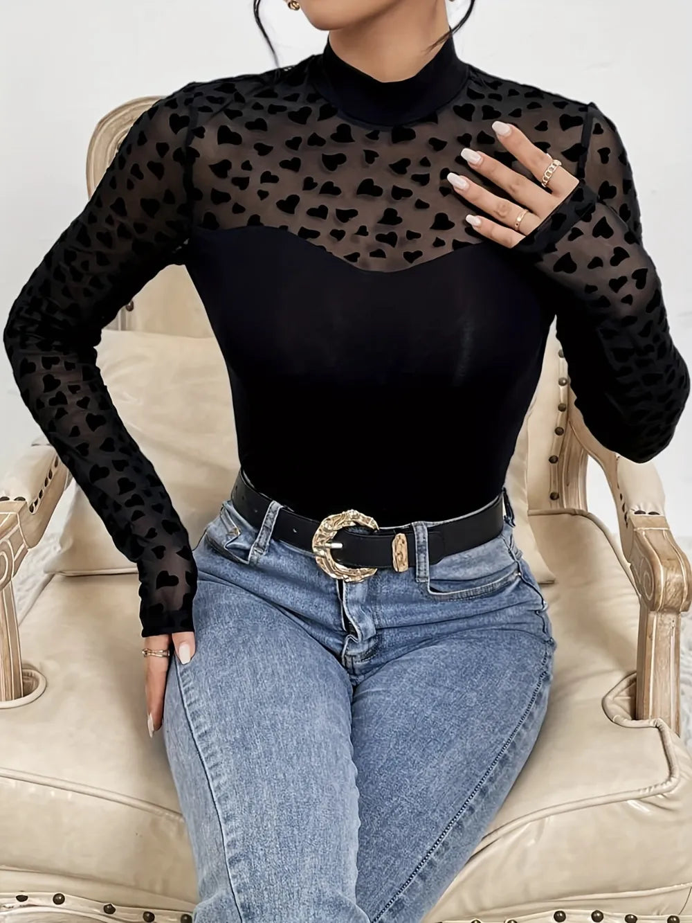 Heart Mock Neck Long Sleeve Blouse