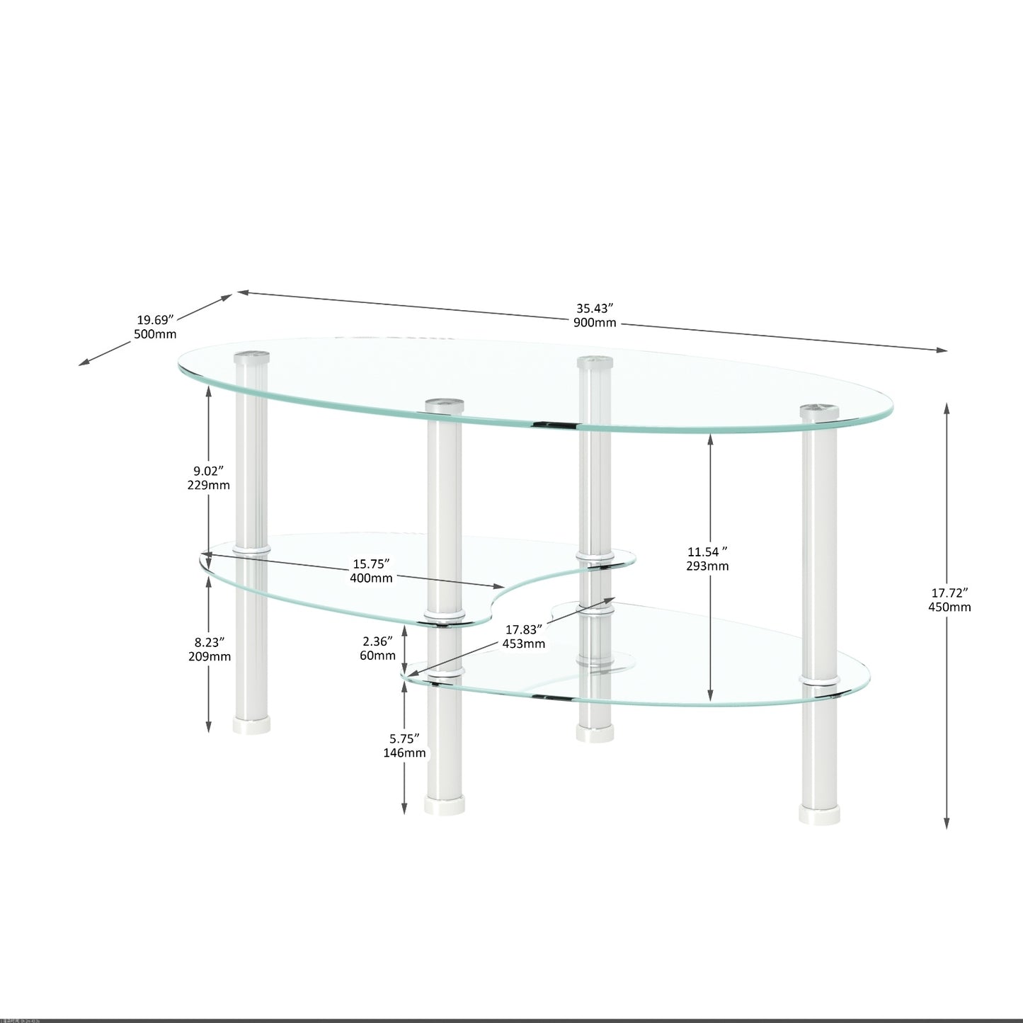 3-Layer Transparent Oval Glass Coffee Table with Stainless Steel Leg