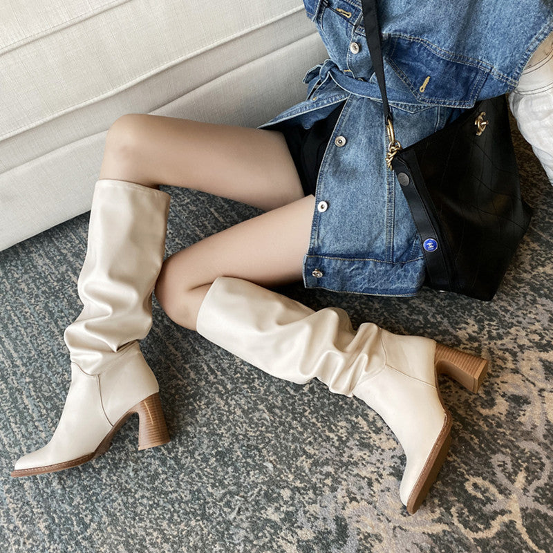 Block Heel Square Toe High Heel Boots