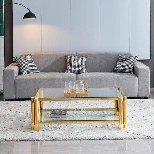 Stainless Steel Coffee Table with Double-Layer Clear Tempered Glass