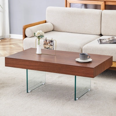 Walnut Colored MDF Coffee Table - 39.3x21.6 With Tempered Glass Legs