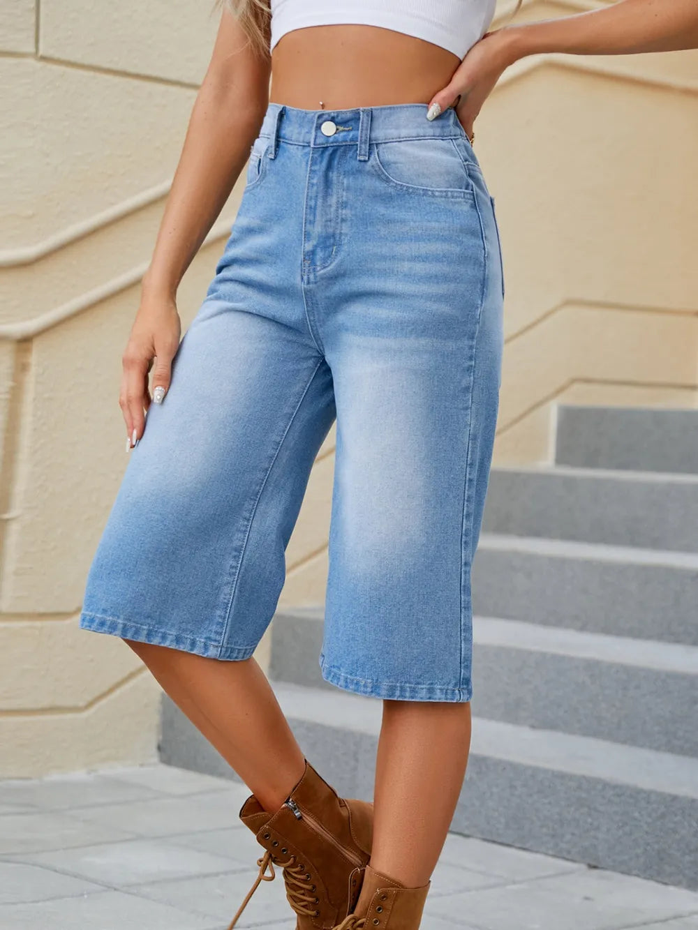 High Waist Denim Long Shorts
