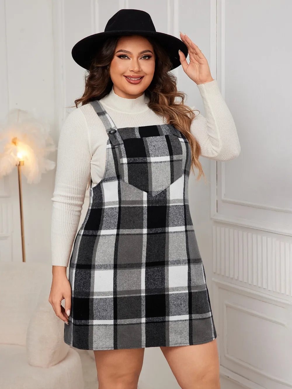 Plaid Wide Strap Overall Dress - Plus Size