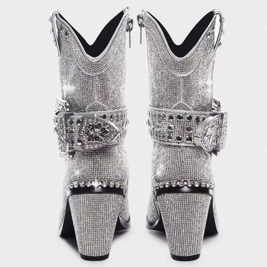 Rhinestone Buckle Thick Heel Boots