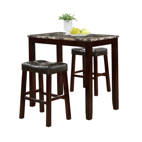 Counter Height Glossy Print Marble Breakfast Table With Stools 3-Piece Set - Espresso