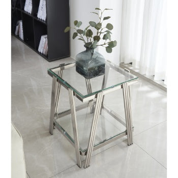 Stainless Steel End Table - Double-Layer Clear Tempered Glass - Silver